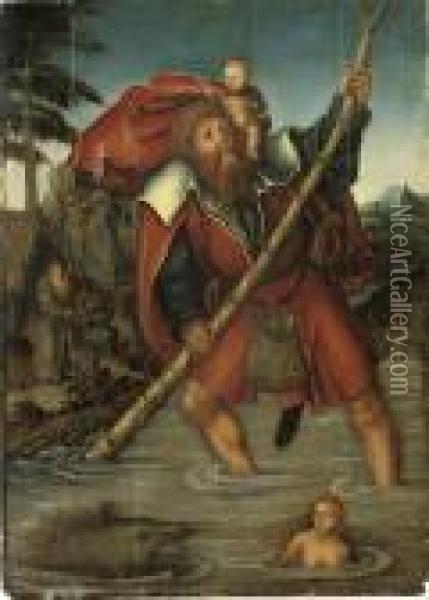 Saint Christopher With The Christ Child Crossing A Stream Oil Painting - Lucas The Elder Cranach