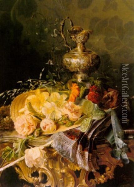 Stilleven Met Strohoed En Bloemen Oil Painting - Francina Louise Schot