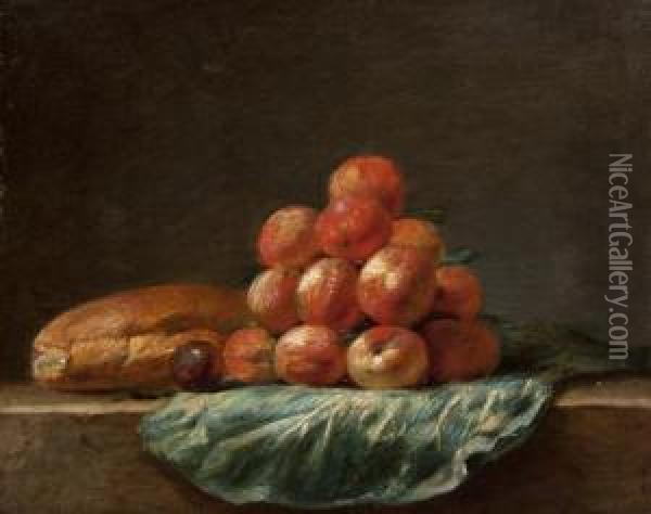 Still Life With Loaf Of Bread, A Plum And Peaches Oil Painting - Henri-Horace Roland de la Porte
