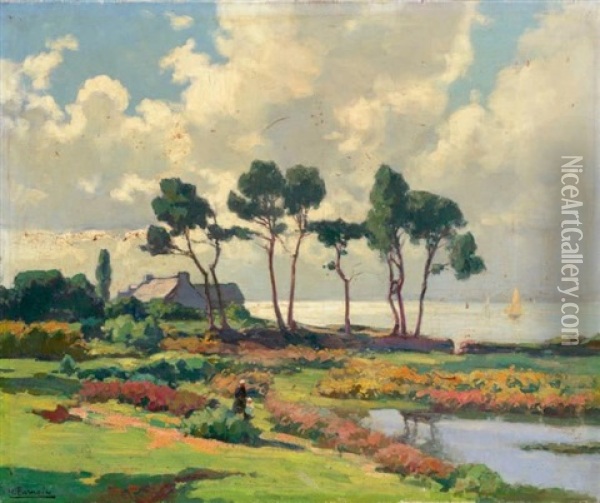 Bord De Mer Aux Pins Parasols En Bretagne Oil Painting - Henri Alphonse Barnoin