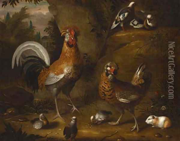 A cockerel and hen with chicks Oil Painting - Jakob Bogdany