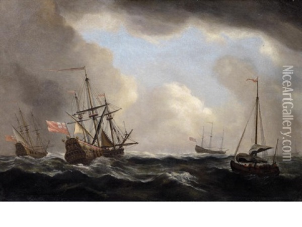 English Men-o'war Riding Out The Gale Under Staysails Only, With A Hooker Nearby Oil Painting - Cornelis van de Velde