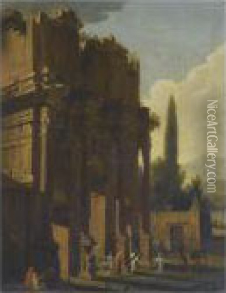 A Capriccio Landscape With Classical Ruins And Figures In Theforeground Oil Painting - Viviano Codazzi