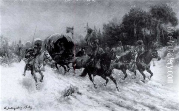 Charging Cossacks Oil Painting - Adolf (Constantin) Baumgartner-Stoiloff