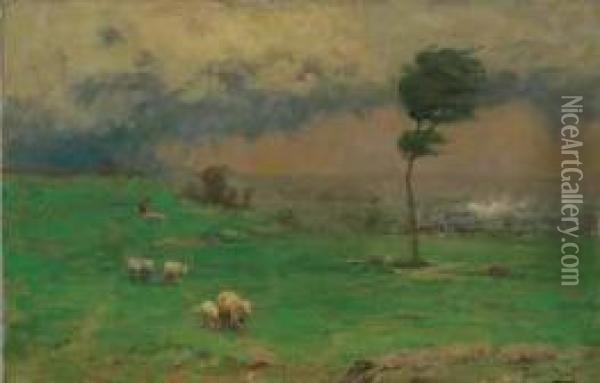 Herding Sheep From A Pending Storm Oil Painting - Walter Clark