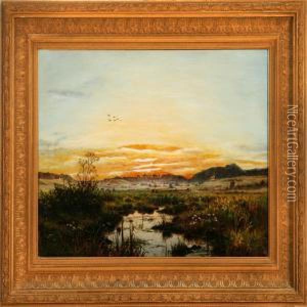 Overlooking A Meadow Landscape At Sunset Oil Painting - Adolf Larsen