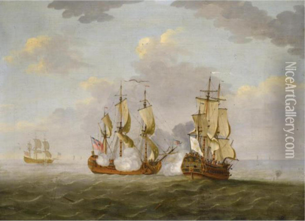 An Action Between English And French Vessels Oil Painting - Francis Swaine