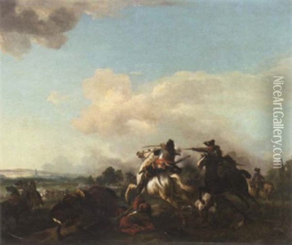 A Cavalry Battle On The Outskirts Of A Village Oil Painting - Jan van Huchtenburg