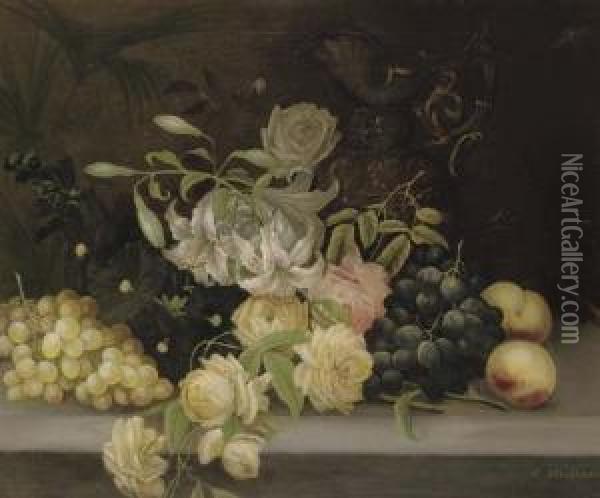 A Gourd, White And Black Grapes,
 Apples And A Pear With A Vase And A Jug On A Marble Ledge; And Lillies 
And Roses, Hollyhocks, Grapes And Peaches, And A Ewer, On A Stone Ledge Oil Painting - Edwin Steele
