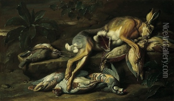 Volatile, Un Papagallo E Porcellini D'india In Un Paese (+ Natura Morta Di Caccia; Pair) Oil Painting - Jacob van der Kerckhoven