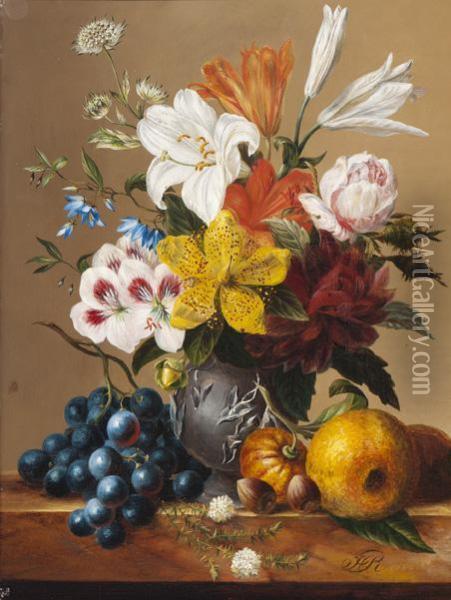 Still Life With Flowers In A Vase Andfruit And Hazelnuts On A Plinth Oil Painting - Hendrik Reekers