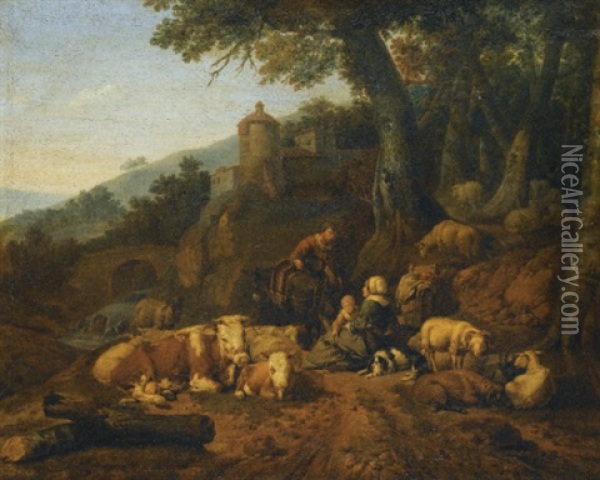 A Landscape With Drovers And Their Flock At Rest Oil Painting - Johann Heinrich Roos