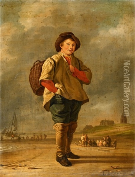 Coastal Scene With A Boy Carrying A Basket Oil Painting - Ludolf Backhuysen the Elder