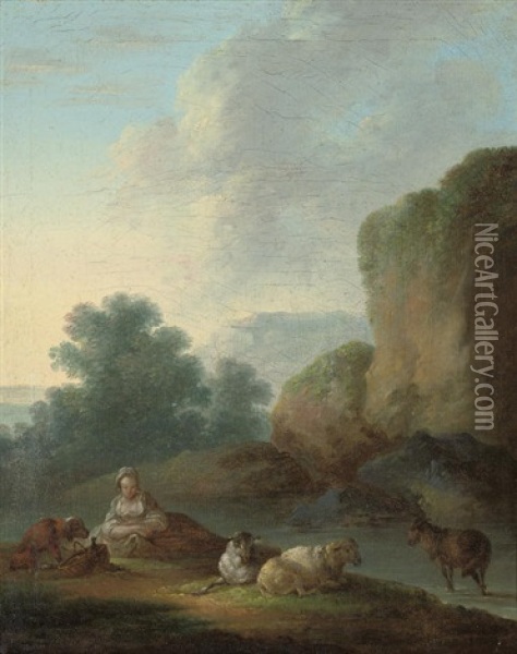 A River Landscape With A Shepherdess Resting With Her Flock Oil Painting - Philip James de Loutherbourg