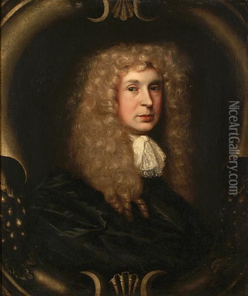 A Self Portrait, Bust Length, Having A Long Fair Wig And Wearing A Lace Jabot And Black Cloak, Within A Sculptural Painted Oval Oil Painting - John Gawdy