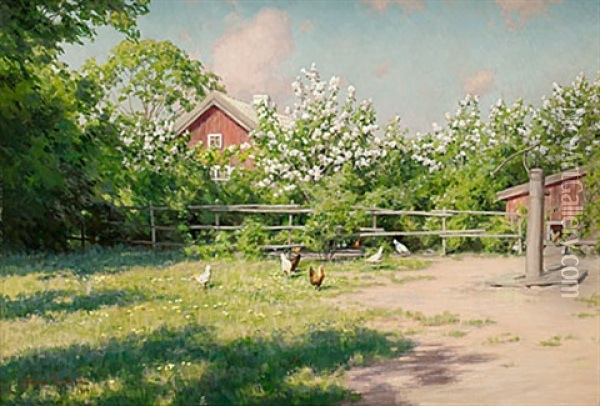Sommarlandskap Med Pickande Honor Oil Painting - Johan Fredrik Krouthen