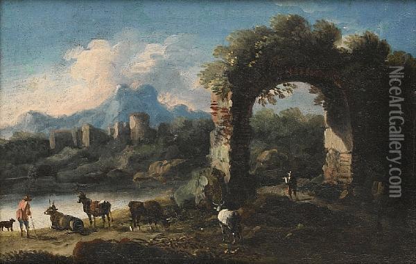 A Drover And His Cattle At A River Before A Ruined Arch Oil Painting - Gaetano De Rosa