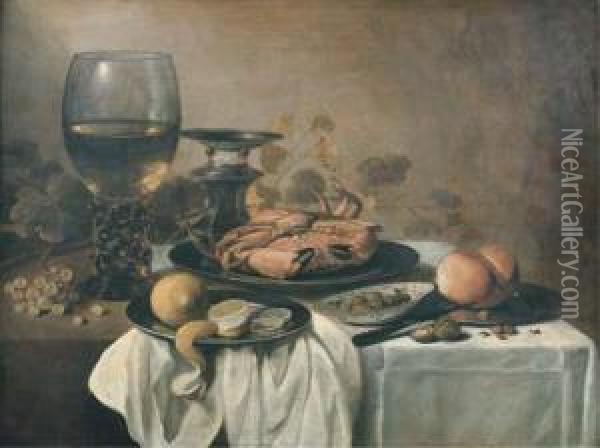 A Crab On A Pewter Plate, A 
Roemer, A Partly-peeled Lemon On Apewter Platter, A Bowl Of Olives, A 
Bread Roll And A Knife On Apewter Plate With Grapes, Walnuts And 
Hazelnuts On A Partly-drapedtable Oil Painting - Pieter Claesz.