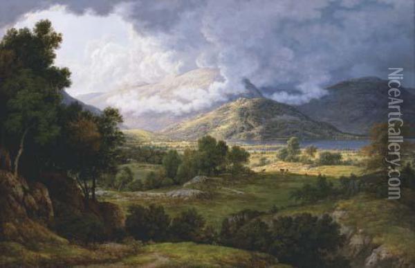 View Of Ullswater, An Extensive Lakeland Landscape With A Distantview Of Ullswater Oil Painting - John Glover