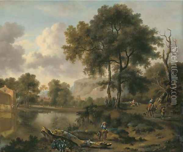 A wooded river landscape with travellers on a road, a village beyond Oil Painting - Jan Wynants