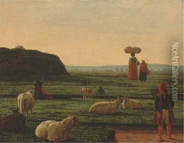 A Shepherd And His Flock With Farm Hands Oil Painting - Joachim Govertsz Camphuysen