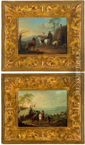 Rastende Reiter Vor Einem Wirtshaus (+ Rastende Reiter Im Feldlager; Pair) Oil Painting - Johann Georg Pforr