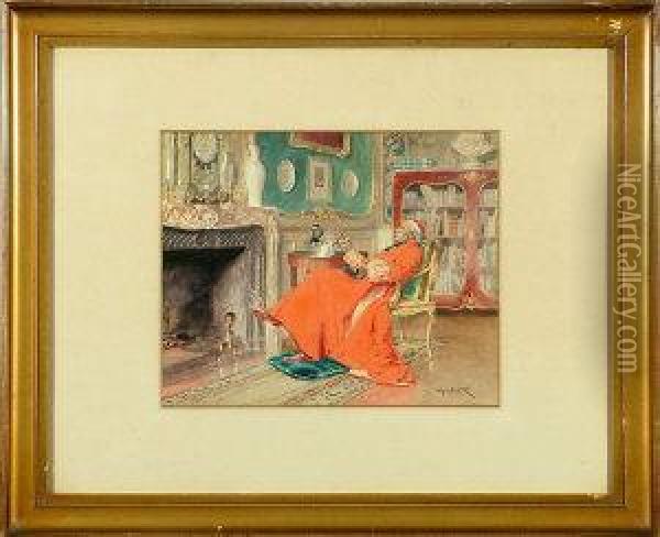 A Cardinal Seated At A Fireside Enjoying Coffee And A Cigar Oil Painting - Alfred Weber