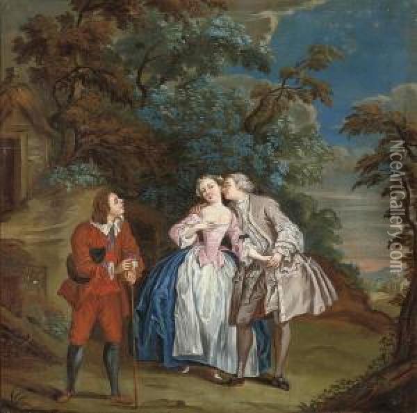 An Elegant Couple Courting In A Classical Courtyard Oil Painting - Jean Francois de Troy