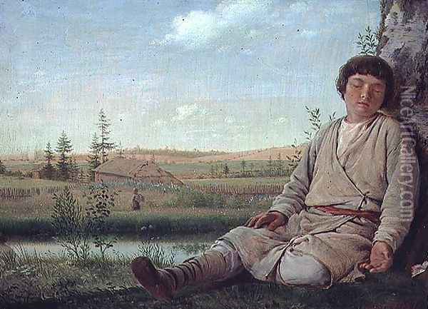 Sleeping Shepherd Boy, 1823-26 Oil Painting - Aleksei Gavrilovich Venetsianov