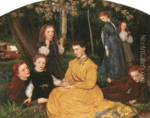 A Birthday Picnic - Portraits Of
 The Children Of William And Anne Pattinson Of Felling, Near Gateshead Oil Painting - Arthur Hughes