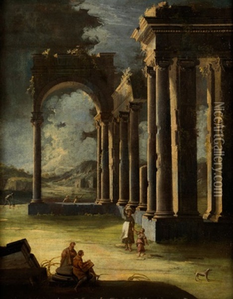 Antike Ruinen Mit Figurenstaffage In Nachtlicher Beleuchtung Oil Painting - Gennaro Greco