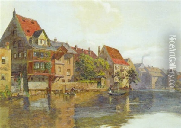 Tysk Byparti Med Flodlob Og Bade Oil Painting - August Fischer