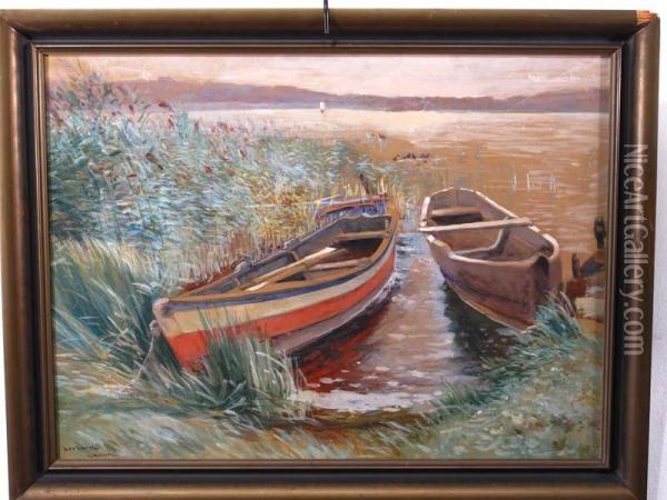 Zwei Am Schilfbewachsenen Ufer Liegende Ruderboote. Oil Painting - Max Kuchel