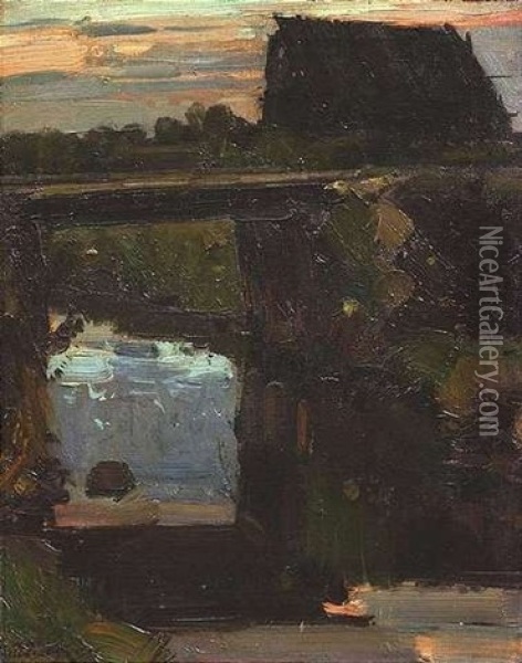 Landschaft Mit Bachlauf Und Gehoft Im Abendlicht Oil Painting - Bernhard Buttersack