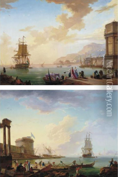A Port Scene With Elegant Figures Embarking; A Port Scene With Fishermen Hauling Nets Oil Painting - Charles Francois Lacroix de Marseille
