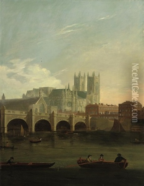 A View Of Westminster Bridge With Figures And Boats On The Thames Oil Painting - William Marlow