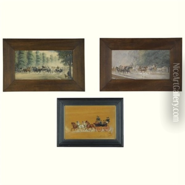 Carriage Scene (+ 2 Others, Watercolor And Gouache On Board, Lrgr; 3 Works) Oil Painting - Heinrich Gottfried Wilda
