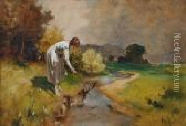 Junge Dame Am Bach Oil Painting - Antal Neogrady