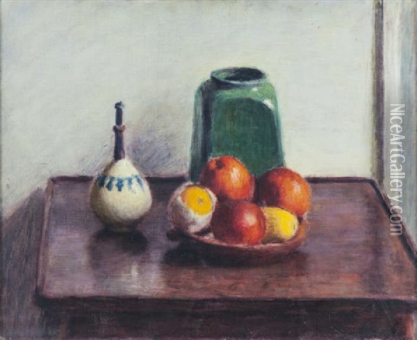 Still Life Study With Fruit And Pottery On A Mahogany Table Oil Painting - Roderic O'Conor