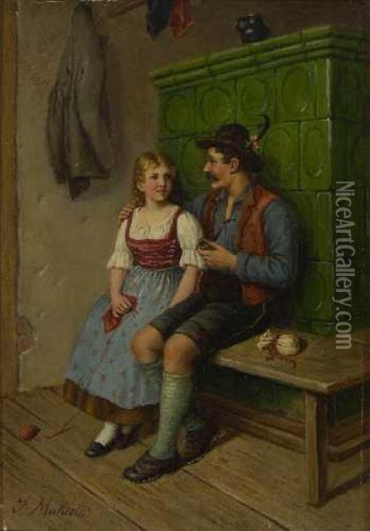 Bursch Und Dirndl Am Ofen Oil Painting - Johann Makloth