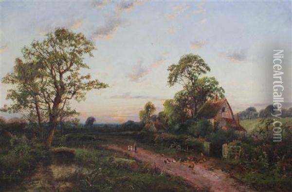 Hens And Cottages Beside A Lane Oil Painting - Octavius Thomas Clark