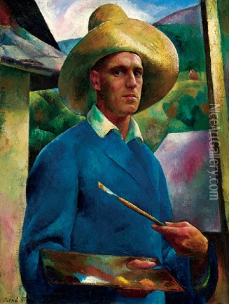 Self-portrait With A Hat Oil Painting - Karoly Patko