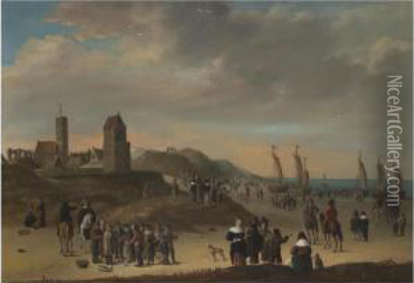 Elegant Figures Strolling On The
 Beach At Egmond Aan Zee,sailing Vessels Moored On Shore, And Fisher 
Folk Selling Theircatch In The Foreground Oil Painting - Cornelis Beelt