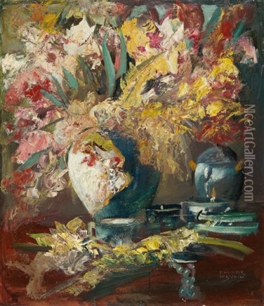 Stillleben Mit Blumenstrauss In Einer Porzellanvase Oil Painting - Anton Mueller-Wischin