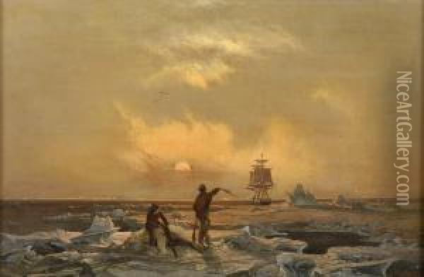 Eisbarjagd Am Nordpol. Oil Painting - Franz Wilhelm Schiertz