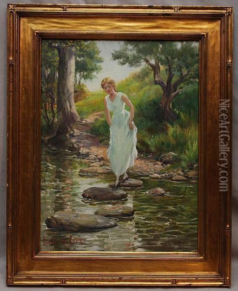 Girl In White Dress Crossing The River Oil Painting - Charles Abel Corwin