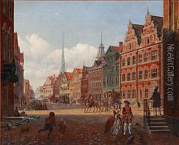 Historical Scenery From Amagertorv In Copenhagen Oil Painting - Hans Christian Ley