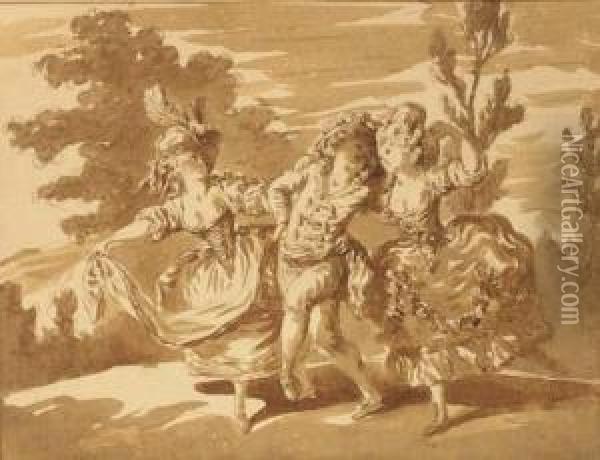 Two Women Dancing With A Comedian In A Landscape Oil Painting - Pierre Lelu