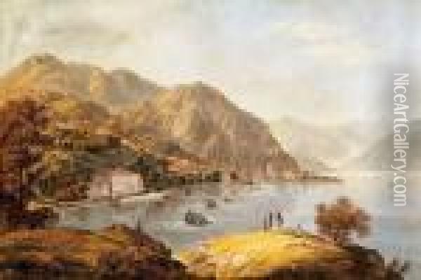Hikers By The Lake Como Oil Painting - Josef Rebell