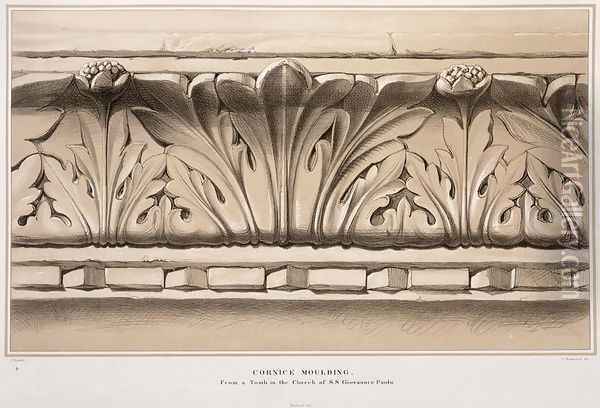 Cornice Moulding, From a Tomb in the Church of S.S. Giovanni e Paolo, from Examples of the Architecture of Venice by John Ruskin, engraved by G. Rosenthal, 1851 Oil Painting - John Ruskin